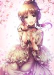  :d bare_shoulders blush brown_hair cherry_blossoms collarbone commentary_request cowboy_shot day dress eyebrows_visible_through_hair floral_print frilled_dress frilled_sleeves frills grey_dress hair_bun hand_in_hair idolmaster idolmaster_cinderella_girls jewelry long_hair long_sleeves looking_at_viewer ment necklace off_shoulder open_mouth outdoors pendant petals rose_print shiny shiny_hair sidelocks sleeves_past_elbows smile solo spaghetti_strap spring_(season) standing strap_slip takamori_aiko tareme thigh_gap thighs 