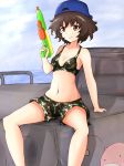  akiyama_yukari anglerfish arm_support backwards_hat bad_hands bangs baseball_cap bikini bikini_shorts blue_hat breasts brown_eyes brown_hair camouflage camouflage_bikini closed_mouth cloud cloudy_sky commentary day emblem error girls_und_panzer green_bikini ground_vehicle hat highres holding looking_at_viewer messy_hair military military_vehicle motor_vehicle navel ocean outdoors panzerkampfwagen_iv shigekikkusu short_hair shorts sitting sky small_breasts smile solo super_soaker swimsuit tank wrong_hand 