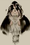  albedo bad_id bad_pixiv_id bare_shoulders black_hair black_wings breasts demon_girl demon_horns demon_wings dress elbow_gloves gloves hair_between_eyes horns large_breasts long_hair looking_at_viewer miyako_(miyako_lplover) overlord_(maruyama) simple_background smile solo thighhighs thighs white_dress wings yellow_eyes 