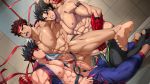  3boys abs anal ass bara barefoot black_hair blush brown_hair crossover erection feet gloves group_sex handjob headband kazama_jin mazjojo multiple_boys muscle nipples nude pecs penetration penis penis_grab pubic_hair ryuu_(street_fighter) sex street_fighter sweat tattoo tekken testicles threesome toes torn_clothes uncensored virtua_fighter yaoi yuki_akira 