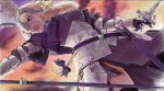  armor armored_dress bangs belt belt_buckle black_legwear bow braid breasts brown_belt buckle cloud dress dutch_angle fate/apocrypha fate_(series) flag hair_bow hanabusa_(xztr3448) headpiece highres holding holding_flag holding_sword holding_weapon jeanne_d'arc_(fate) jeanne_d'arc_(fate)_(all) legs_apart long_hair medium_breasts open_mouth outdoors outstretched_arm purple_bow purple_dress purple_eyes single_braid solo standing sword teeth thighhighs twilight weapon zettai_ryouiki 