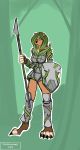  2016 4_toes absurd_res anthro armor bear biped black_claws black_nose breasts brown_ears brown_fur claws clothed clothing digital_media_(artwork) digital_painting_(artwork) digitigrade dirtyscoundrel female front_view fur green_background green_eyes green_hair hair hi_res holding_object holding_weapon mammal melee_weapon polearm pose shield simple_background solo spear standing terra_(vosur) toeless_(marking) toes tree weapon 
