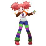  big_hair breasts brown_eyes capcom commentary_request compact eyeshadow full_body hand_on_own_cheek holding iroaya_madoi legs_apart long_sleeves makeup medium_breasts mikan_(aquacomet) pants pink_hair raglan_sleeves red_footwear rockman rockman_exe shirt shoes short_over_long_sleeves short_sleeves simple_background smile sneakers solo sparkle standing striped striped_pants t-shirt twintails white_background 
