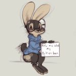  anklet anthro black_eyes blush bottomless brown_fur clothed clothing english_text eyewear female fur glasses grey_background jewelry kazie lagomorph mammal rabbit reign-2004 sign simple_background solo sweater tan_fur text 