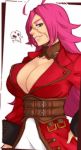  ahoge belt blue_eyes breasts cleavage detached_collar fate/extra fate/grand_order fate_(series) francis_drake_(fate) green_eyes grin hand_on_hip huge_ahoge jacket large_breasts lips long_hair multiple_belts neko_majin no_bra pink_hair red_jacket scar sideways_mouth smile solo very_long_hair wrist_cuffs 