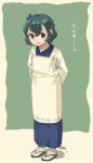  524_(kemono_ethread) alternate_costume arms_behind_back black_hair blue_eyes check_translation commentary_request contemporary eyebrows_visible_through_hair floral_print kaban_(kemono_friends) kappougi kemono_friends no_hat no_headwear sandals short_hair socks solo translation_request 