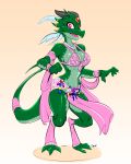 anthro bra breasts clothing dragon dsan female forehead_gem harem_outfit horn kobold lingerie loincloth looking_at_viewer makeup mascara open_mouth smile solo standing underwear 
