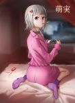  bed choker comdost controller food game_controller highres kneeling looking_at_viewer pocky purple_eyes socks solo television virtual_youtuber white_hair yomeno_moemi 
