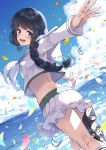  1girl arms_behind_back bangs black_hair blunt_bangs blush braid breasts bubble cloud cloudy_sky eyebrows_visible_through_hair hair_tie highres ice_skates kantai_collection kitakami_(kantai_collection) komi_zumiko long_hair long_sleeves looking_at_viewer medium_breasts midriff ocean open_mouth petals pleated_skirt purple_eyes remodel_(kantai_collection) school_uniform serafuku shadow sidelocks skates skirt sky smile solo sparkle water yellow_serafuku yellow_skirt 