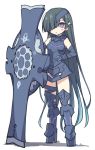  armor armored_boots armored_dress bare_shoulders black_footwear black_hair black_legwear blue_hair blush boots cosplay eyepatch fate/grand_order fate_(series) gauntlets gradient_hair hair_over_one_eye holding_shield long_hair looking_at_viewer mash_kyrielight mash_kyrielight_(cosplay) mochizuki_chiyome_(fate/grand_order) multicolored_hair shield solo sparkle standing stroma very_long_hair white_background 