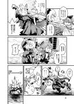  3girls bangs blunt_bangs bow bumping comic cosplay crown emphasis_lines explosion greyscale hair_between_eyes hair_bow hair_ribbon kantai_collection long_hair low_twintails mizuno_(okn66) monochrome multiple_girls nenohi_(kantai_collection) page_number queen_(snow_white) queen_(snow_white)_(cosplay) ribbon shaded_face shirayuki_(kantai_collection) short_twintails sidelocks snow_white speech_bubble thick_eyebrows tress_ribbon tripping twintails wet 
