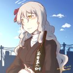  alternate_costume blue_sky blush bottle bow cloud dated day hair_between_eyes hair_bow holding holding_bottle japanese_clothes kantai_collection light long_hair long_sleeves pola_(kantai_collection) power_lines red_bow samusio sky smile solo translation_request twitter_username upper_body wavy_hair wavy_mouth white_hair yellow_eyes 
