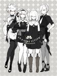  ankle_boots artist_name belt boots braid camellia character_request choker commentary_request dots dress elbow_gloves flower gauntlets gloves grey_background greyscale grin hair_over_eyes hair_over_one_eye halterneck high_heels javelin_(siirakannu) kantai_collection knee_boots legs leotard long_hair looking_at_viewer margaret_(siirakannu) mashell_(siirakannu) messy_hair monochrome multiple_girls necktie orange_eyes original pantyhose sash shinkaisei-kan shirt sidelocks siirakannu smile spot_color tail thigh_strap thighs vione_(siirakannu) white_hair white_skin younger 