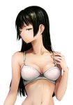  absurdres bangs black_hair bra breasts bright_pupils collarbone commentary_request expressionless green_eyes hand_on_own_chest highres hime_cut long_hair medium_breasts navel original simple_background solo toruneko underwear white_background white_bra white_pupils 