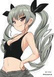  anchovy bangs black_ribbon breasts cleavage closed_mouth commentary crop_top dated drill_hair excel_(shena) eyebrows_visible_through_hair girls_und_panzer green_hair grey_pants hair_ribbon hand_on_hip highres long_hair looking_at_viewer medium_breasts midriff navel pants red_eyes ribbon simple_background smile solo standing strap_gap tank_top twin_drills twintails twitter_username upper_body white_background 