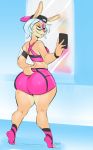  anthro big_butt butt dsan exercise_clothing eyewear female glasses huge_butt lagomorph looking_back makeup mammal mascara one_eye_closed phone rabbit selfie smile solo standing thick_thighs wink 