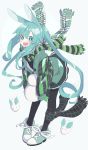 absurdres animal_ears bad_id bad_pixiv_id black_legwear blush bunny_ears coat eyebrows_visible_through_hair full_body green_eyes green_hair green_scarf hatsune_miku highres kemonomimi_mode long_hair looking_at_viewer open_mouth pantyhose relila scarf smile snow_bunny snowman solo twintails very_long_hair vocaloid 