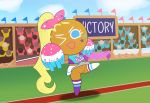  cheerleader cheerleader_cookie clothed clothing cookie_run female food_creature humanoid looking_at_viewer neitsuke not_furry one_eye_closed outside pussy raised_leg solo_focus wink 