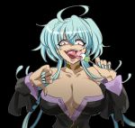  ahoge bare_shoulders black_background blue_hair blue_nails breasts cagliostro_(symphogear) cleavage commentary_request crazy_eyes dango dark_skin drooling food kouji_(kari) large_breasts long_hair looking_at_viewer nail_polish saliva senki_zesshou_symphogear solo thumbs_down tongue tongue_out wagashi 