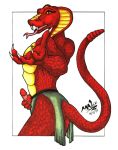  1999 aeon_(artist) anthro erection fangs forked_tongue holding_penis inviting male masturbation penile_masturbation penis rattle red_scales reptile scales scalie snake solo tongue 