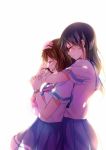  backlighting black_hair blush brown_hair crying from_side hand_on_another's_head hibike!_euphonium highres hug hug_from_behind komugiko long_hair multiple_girls open_mouth oumae_kumiko red-framed_eyewear school_uniform short_hair short_sleeves smile tanaka_asuka watch wavy_hair white_background wristwatch yuri 