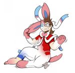  2017 animate_inanimate anthro blue_eyes brown_hair clothed clothing digital_drawing_(artwork) digital_media_(artwork) eeveelution english_text eyewear glasses hair hi_res human living_plush male mammal nintendo pawpads pink_pawpads plushie pok&eacute;mon pok&eacute;mon_(species) red_clothing red_shirt red_topwear redflare500 simple_background smile solo sylveon teeth text transformation video_games white_background 