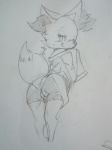  1girl animal_ears ass blush braixen female fox_ears fox_tail from_behind full_body furry gen_6_pokemon greyscale half-closed_eyes hand_up highres licking_lips long_sleeves looking_at_viewer looking_back monochrome no_humans panties partially_visible_vulva pokemon pokemon_(creature) pussy pussy_juice shirt simple_background sketch sleeves_past_fingers smile solo standing stick tail thighhighs tongue tongue_out traditional_media uncensored vono_(voon) wedgie white_background 