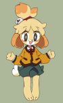  animal_ears bad_id bad_pixiv_id bell blonde_hair blush blush_stickers bound cloudyshin dog_ears dog_tail doubutsu_no_mori eyebrows_visible_through_hair feet full_body furry green_background green_skirt grey_eyes hair_bell hair_ornament hands_up happy jacket jingle_bell long_sleeves no_humans open_mouth paws red_ribbon ribbon shirt shizue_(doubutsu_no_mori) short_hair simple_background skirt smile solo standing tail tied_up white_shirt yellow_jacket 