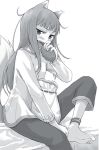  animal_ears anklet ayakura_juu barefoot bed_sheet bread eating food greyscale holding holding_food holo jewelry long_hair monochrome novel_illustration official_art open_mouth pants shirt sitting solo spice_and_wolf tail very_long_hair white_background wolf_ears wolf_girl wolf_tail 