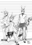  ;) abs absurdres animal_ears apron axis_powers_hetalia bare_chest blush bow bowtie bunny_boy bunny_ears bunny_tail choker denmark_(hetalia) detached_collar fake_animal_ears finland_(hetalia) flying_sweatdrops glasses greyscale grin hand_on_own_chin hiding highres himaruya_hidekazu holding iceland_(hetalia) kneeling looking_at_viewer monochrome multiple_boys navel necktie no_nipples norway_(hetalia) official_art one_eye_closed one_knee ribbon shadow shirtless short_hair smile standing sweden_(hetalia) tail waist_apron wrist_cuffs 