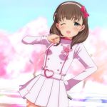  :d arm_behind_back bangs belt blue_eyes blue_sky bow brown_hair cherry_blossoms commentary cowboy_shot finger_ribbon flower_ornament hair_bow hair_ribbon hairband heart_belt idol idolmaster idolmaster_cinderella_girls kira!_mankai_smile long_sleeves looking_at_viewer microphone nanananananasea one_eye_closed open_mouth pinky_out pleated_skirt ribbon sakuma_mayu short_hair skirt sky smile solo tree 