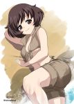  akiyama_yukari arm_behind_head arm_support bangs breasts brown_background brown_eyes brown_hair brown_shirt brown_shorts casual cleavage closed_mouth commentary_request crop_top dated excel_(shena) eyebrows_visible_through_hair front-tie_top girls_und_panzer highres looking_at_viewer lying medium_breasts messy_hair midriff navel on_side shirt short_hair short_shorts shorts sleeveless sleeveless_shirt smile solo twitter_username underboob 
