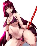  bikini breasts cleavage fate/grand_order fate_(series) gae_bolg highres kisaragi_(legobionicle23) large_breasts lips long_hair nail_polish navel o-ring o-ring_bikini purple_bikini purple_hair purple_nails red_eyes scathach_(fate)_(all) scathach_(swimsuit_assassin)_(fate) solo swimsuit thighs underboob 