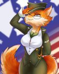  2018 anthro arinadler black_nose breasts canine clothing eyelashes eyewear fangs female fox glasses hat looking_at_viewer lt._fox_vixen mammal military_uniform nipples sek_studios smile solo squirrel_and_hedgehog uniform 