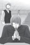  ayakura_juu beard craft_lawrence dress_shirt facial_hair glasses greyscale half_opaque_glasses hands_clasped indoors male_focus monochrome multiple_boys novel_illustration official_art own_hands_together richten_marlheit shirt sitting smile spice_and_wolf standing sweatdrop 