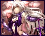 absurdres blue_border border breasts cleavage elbow_gloves eyebrows_visible_through_hair fate/apocrypha fate/grand_order fate_(series) gauntlets gloves highres jeanne_d'arc_(alter)_(fate) jeanne_d'arc_(fate)_(all) kisaragi_(legobionicle23) long_hair medium_breasts navel_cutout revealing_clothes sideboob silver_hair solo sword weapon yellow_eyes 