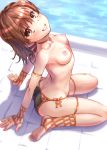  1girl arched_back arm_support armlet ass bare_shoulders barefoot blush breasts brown_eyes brown_hair butt_crack collarbone edit erect_nipples feet from_above from_side front-tie_bikini front-tie_top gloves grin hair_ornament hairpin looking_at_viewer looking_up misaka_mikoto nipples no_shoes nude photoshop poolside raika9 shiny shiny_skin short_hair sitting small_breasts smile soles solo spiked_hair thigh_strap to_aru_kagaku_no_railgun to_aru_majutsu_no_index toeless_legwear toes wariza 