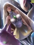  armpits artist_name bangs bare_arms bare_shoulders between_breasts blonde_hair blurry blurry_background breasts breasts_apart clefable covered_nipples depth_of_field dress dutch_angle emerald gem gen_1_pokemon gen_3_pokemon green_eyes hand_on_hip large_breasts layered_dress leggings lens_flare light_smile limgae lips long_hair looking_at_viewer lusamine_(pokemon) milotic parted_bangs parted_lips pink_lips pokemon pokemon_(creature) pokemon_(game) pokemon_sm realistic reflective_eyes shiny shiny_clothes shiny_hair sleeveless sleeveless_dress standing v very_long_hair watermark web_address white_dress 