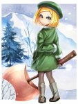  axe blonde_hair coat commentary_request fate/grand_order fate_(series) gloves green_hat hat highres long_sleeves mountain pantyhose paul_bunyan_(fate/grand_order) smile snow solo yellow_eyes zassounabe 