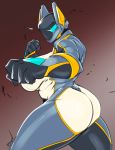  big_breasts breasts butt cybernetics cyborg dsan female fighting_stance huge_breasts machine simple_background solo standing thick_thighs voluptuous 