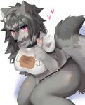  &lt;3 2018 blush breasts canine clothing female fur grey_fur kemono looking_at_viewer mammal nuko0923 open_mouth shirt simple_background smile solo thick_thighs 