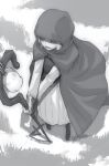  ayakura_juu bell cape closed_eyes from_above full_body greyscale holding holding_staff hood hooded long_skirt monochrome nora_arento novel_illustration official_art open_mouth outdoors skirt smile solo spice_and_wolf staff standing 