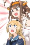  :d ahoge blonde_hair blue_eyes brown_eyes brown_hair check_translation commentary_request enjaku_izuku gloves hair_bun hands_on_another's_shoulders highres jervis_(kantai_collection) kantai_collection kongou_(kantai_collection) long_hair multiple_girls open_mouth rectangular_mouth remodel_(kantai_collection) ribbon-trimmed_sleeves ribbon_trim sailor_collar seiyuu_connection smile touyama_nao translation_request v-shaped_eyebrows white_gloves 