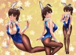  alternate_costume animal_ears areola_slip areolae ass black_footwear blue_swimsuit blush breasts brown_eyes brown_hair bunny_ears bunny_tail bunnysuit cleavage closed_mouth collarbone competition_swimsuit covered_navel detached_collar fake_animal_ears fake_tail floral_background hand_on_own_chest hand_on_thigh highres kaga_(kantai_collection) kantai_collection large_breasts leaning_forward looking_at_viewer lying multiple_views on_side one-piece_swimsuit pantyhose pantyhose_under_swimsuit side_ponytail swimsuit tail wa_(genryusui) wrist_cuffs yellow_background 