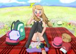  1girl artist_request backpack bag basket black_gloves black_shirt blonde_hair blue_eyes blue_sky blush breasts cameltoe cloud day disembodied_limb embarrassed female fingerless_gloves flower flower_field full_body gen_6_pokemon gloves goomy grass hand_up hat hat_removed highres knees_together_feet_apart long_hair looking_down mountain open_mouth outdoors panties pantyshot pantyshot_(sitting) picnic pink_hat pokemon pokemon_(creature) pokemon_xy red_hat red_skirt serena_(pokemon) shirt sitting skirt sky sleeveless sleeveless_shirt small_breasts solo_focus surprised tears teeth tied_hair underwear upskirt white_panties 