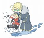  age_regression artoria_pendragon_(all) artoria_pendragon_(lancer) blonde_hair coat fate/apocrypha fate/grand_order fate_(series) green_eyes mordred_(fate) mordred_(fate)_(all) mother_and_daughter picking_up pointy_ears snow takatsuki_nato winter_clothes winter_coat younger 