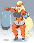  anthro arcanine athletic blonde_hair bottle breasts clothed clothing dsan female hair looking_at_viewer nintendo open_mouth pok&eacute;mon pok&eacute;mon_(species) smile solo standing thick_thighs video_games 