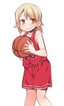  @_@ ball bangs bare_arms bare_shoulders basketball basketball_uniform blush brown_eyes commentary_request eyebrows_visible_through_hair flying_sweatdrops hair_between_eyes holding holding_ball idolmaster idolmaster_cinderella_girls light_brown_hair long_hair morikubo_nono parted_lips red_shorts red_tank_top ringlets short_shorts shorts simple_background solo sportswear sweat tank_top ushi white_background 