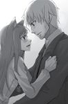  1girl animal_ears ayakura_juu beard couple craft_lawrence eye_contact facial_hair grey_background greyscale holo long_hair looking_at_another monochrome novel_illustration official_art open_mouth parted_lips spice_and_wolf wolf_ears 