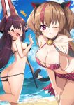  alternate_costume animal_ears ass bangs beach beach_umbrella bell bell_choker bikini_pull blown_kiss blue_sky blush breasts brown_hair cat_ears cat_tail choker cleavage cloud collarbone day embarrassed eyebrows_visible_through_hair girls_frontline hair_between_eyes hair_ribbon hand_on_own_leg hand_up highres holding holding_umbrella large_breasts leg_up long_hair looking_at_viewer looking_back medium_breasts mk_23_(girls_frontline) multicolored_hair multiple_girls navel ocean one_eye_closed one_side_up open_mouth purple_eyes purple_hair red_eyes ribbon sand sarong sky stomach streaked_hair surprised swimsuit tail tail_bell tearing_up thighs togo_(korlsj1235) tsurime umbrella very_long_hair wa2000_(girls_frontline) water wristband 